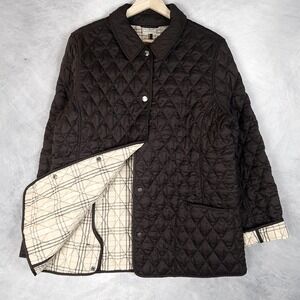 LL Bean Jacket Womens Large Brown Quilted Plaid Lined Snap Riding Barn Coat